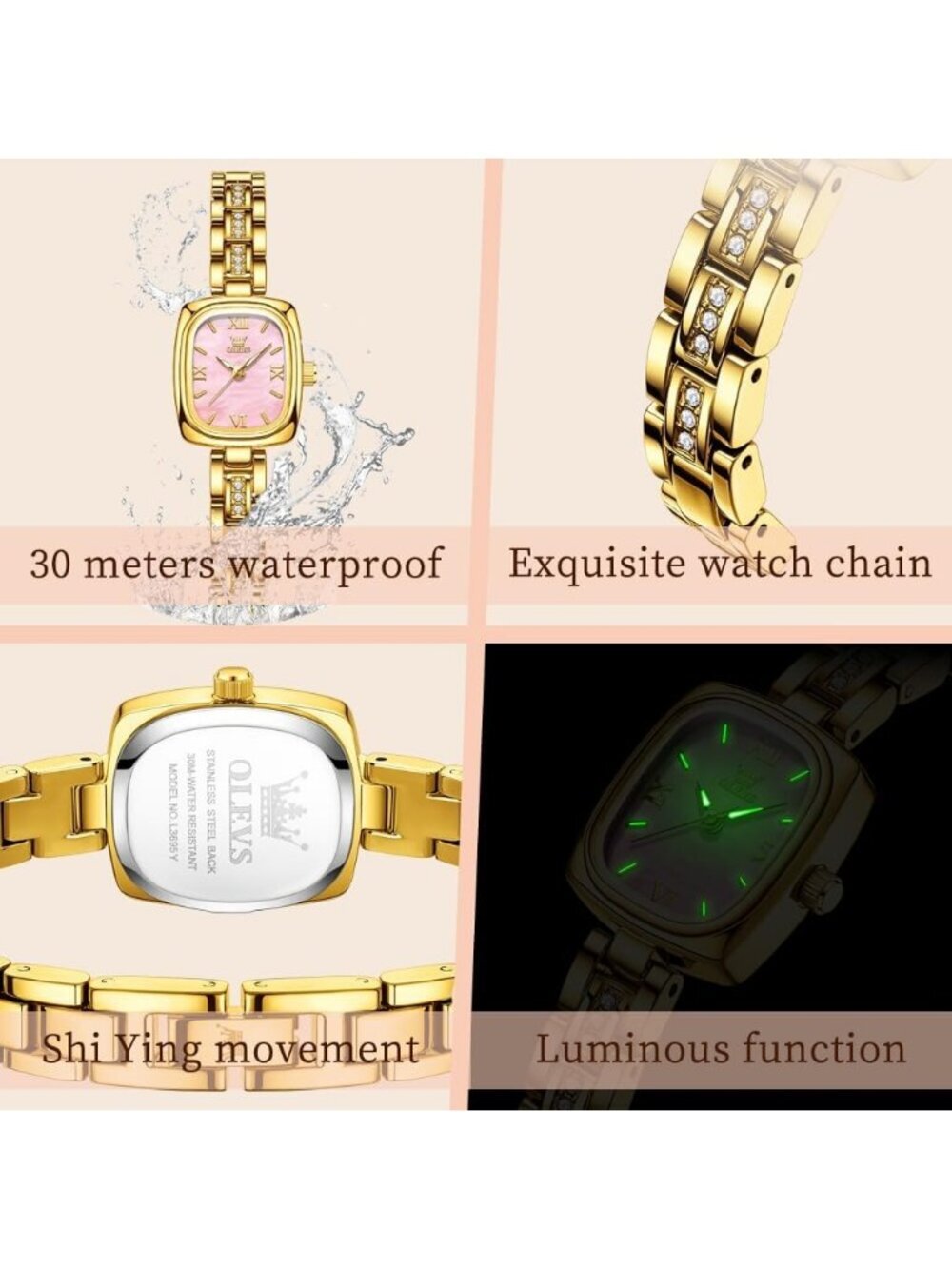 Women's Gold band /Pink dialDiamond Fashion Elegant Chronograph Cute Wrist Watch - Picture 5 of 6